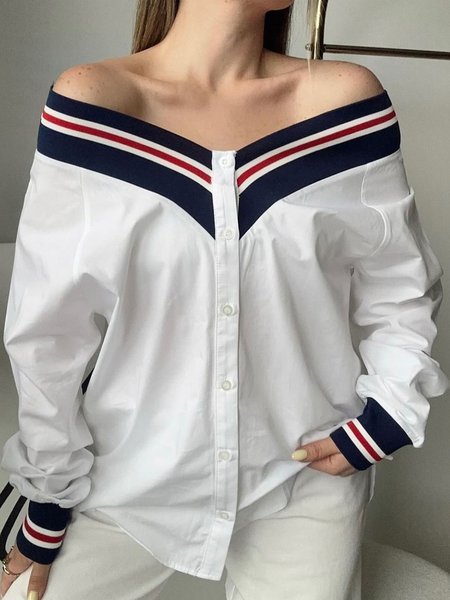 

Loose Cold Shoulder Color Block Urban Shirt, White, Blouses and Shirts