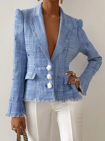 

Women's Spring/Fall Outerwear Urban Buckle Plain Long Sleeve Lapel Collar Jacket, Light blue, Blazers