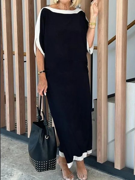 

Daily Casual Color Block Loose Crew Neck Dress, Black, Maxi Dresses