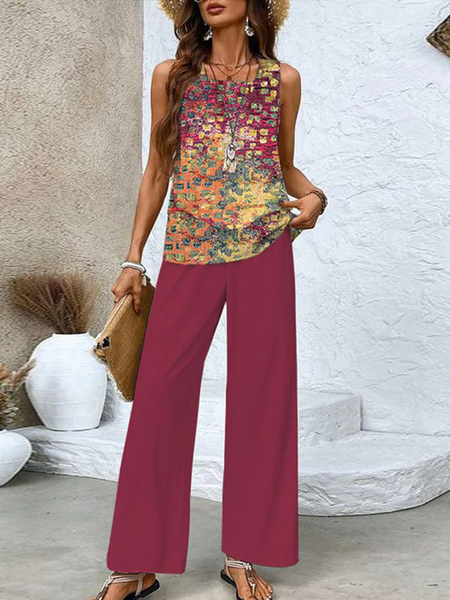 

Women Abstract Square Neck Sleeveless Comfy Casual Top With Pants Two-Piece Set, Red, Sets
