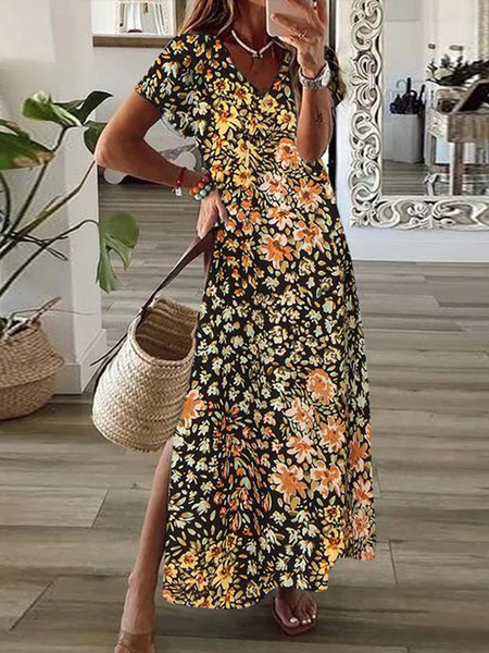 

Women Floral V Neck Short Sleeve Comfy Casual Maxi Dress, Multicolor, Dresses