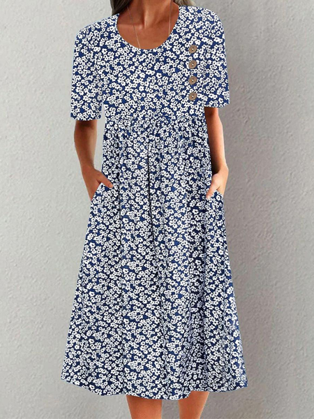 

Women Ditsy Floral Crew Neck Short Sleeve Comfy Casual Buckle Midi Dress, Dark blue, Dresses