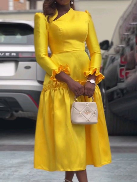 Asymmetrical Elegant Regular Fit Long Dress, Yellow, Maxi Dresses