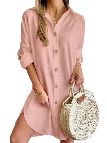 

Women Plain V Neck Long Sleeve Comfy Casual Buckle Midi Dress, Pink, Shirt Dress