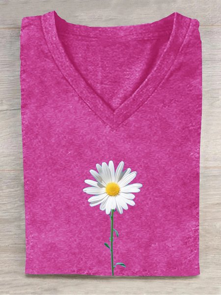 

Loose Casual Floral Cotton-Blend T-Shirt, Rose red, T-shirts