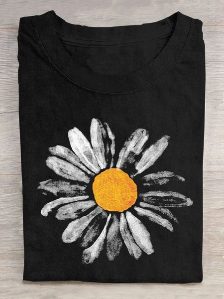 

Casual Floral Crew Neck Short Sleeve T-shirt, Black, T-shirts