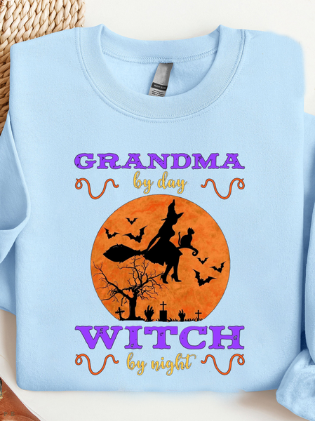 

Halloween Witch Casual Crew Neck Text Letters Sweatshirt, Blue, Sweaters