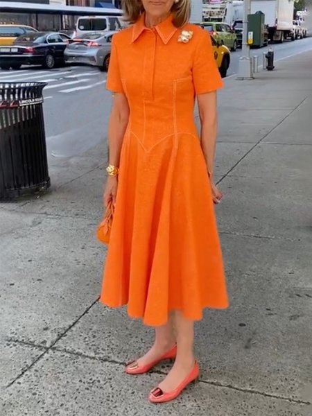 Shirt Collar Regular Sleeve Urban Shirt Dress With Brooch, Orange, Midi Dresses