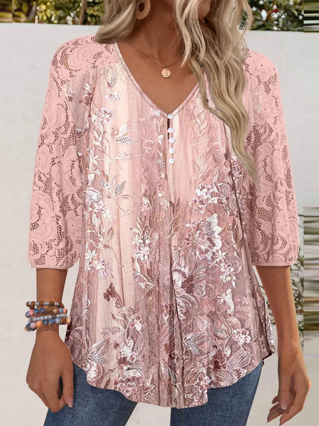 

V Neck Half Sleeve Floral Mesh Regular Loose Blouse For Women, Pink, Blouses