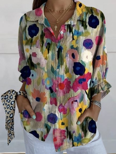 

Shirt Collar Half Sleeve Floral Buckle Regular Micro-Elasticity Loose Shirt For Women, Multicolor, Shirts