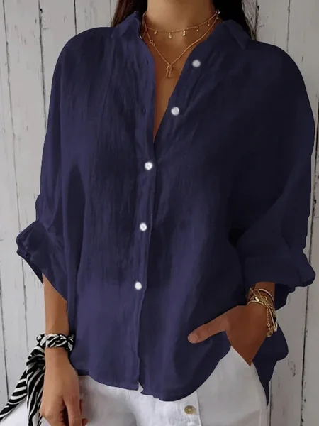 

Women's Half Sleeve Shirt Summer Plain Buckle Cotton Shirt Collar Daily Going Out Casual Top White, Blue purple, Blouses