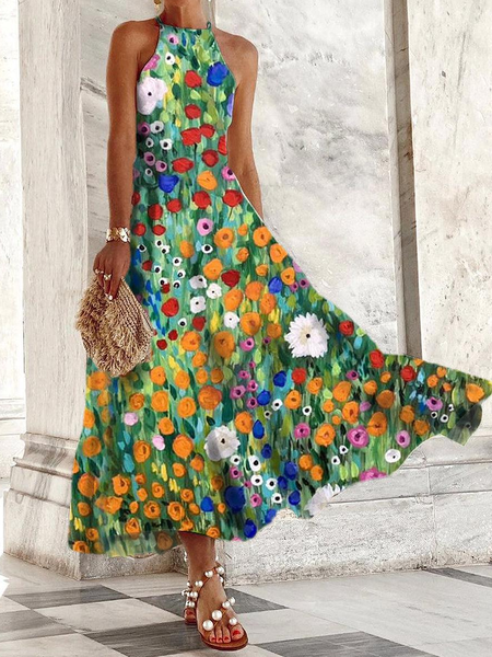

Women Ditsy Floral Crew Neck Sleeveless Comfy Casual Buckle Maxi Dress, Green, Dresses