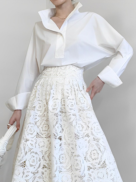 Loose Urban Shirt Collar Long Sleeve Plain Shirt, White, Blouses and Shirts
