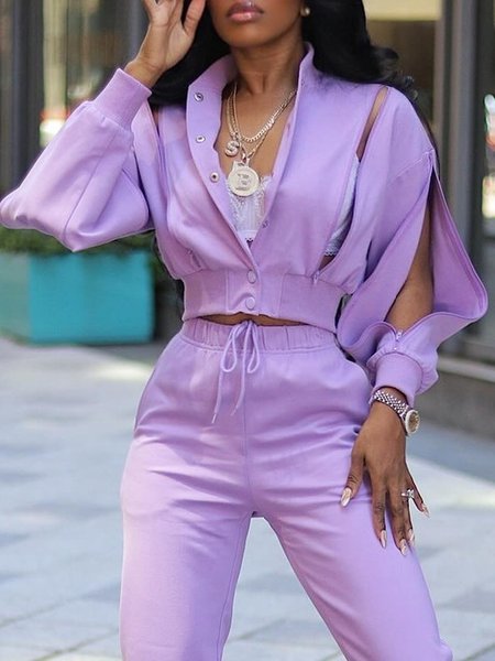 

Regular Fit Zipper Plain Urban Buttoned Jacket, Purple, Jackets