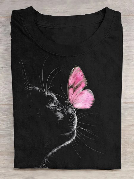 

Cotton Casual Cat Loose T-Shirt, Black, T-shirts