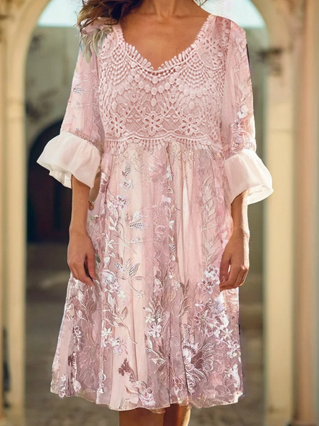 

Women Floral Crew Neck Sleeveless Comfy Casual Lace Midi Dress, Pink, Dresses