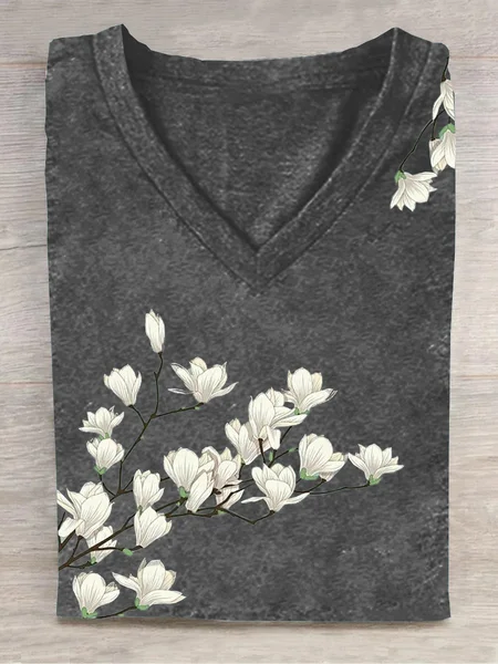 

Casual Floral V Neck Short Sleeve T-shirt, Deep gray, T-shirts