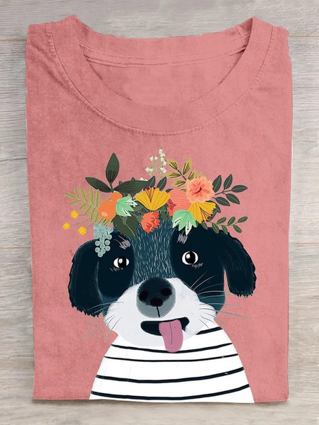 Loose Casual Crew Neck T-Shirt, Orange pink, T-shirts