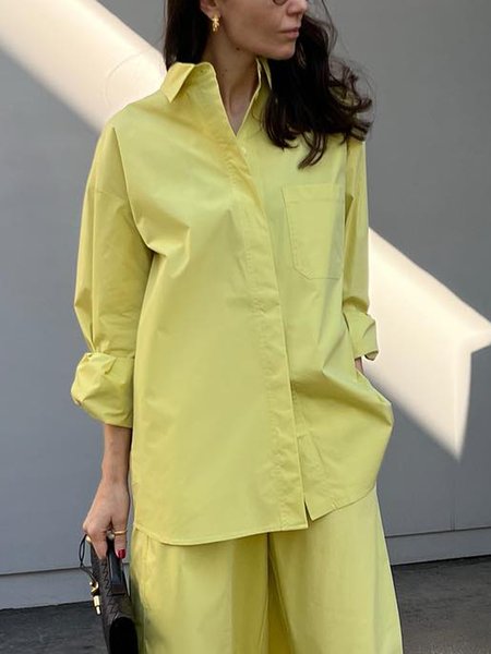 Shirt Collar Urban Plain Long Sleeve Shirt, Yellow, Blouses and Shirts