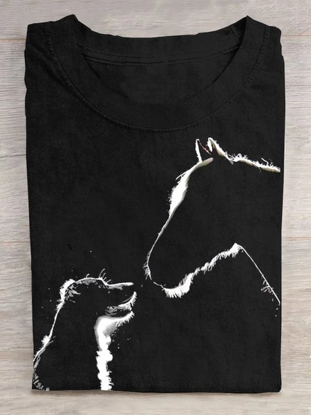

Cotton Casual Crew Neck Horse T-Shirt, Black, T-shirts