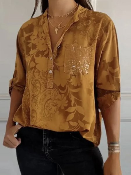 

Elegant Long Sleeve Floral Pocket Stitching Regular Loose TUNIC Blouse For Women, Brown, Shirts