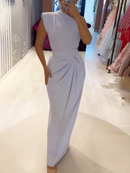 One Shoulder Elegant Regular Fit Plain Maxi Party Dress, Lavender, Maxi Dresses