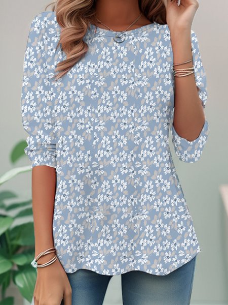 

Casual Floral Crew Neck Long Sleeve T-shirt, Sky blue, T-shirts