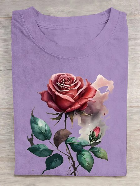 

Loose Floral Casual T-Shirt, Purple, T-shirts