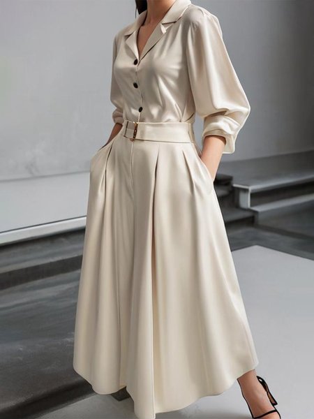 

Regular Fit Elegant Plain Shirt Dress With Belt, Apricot, Maxi Dresses