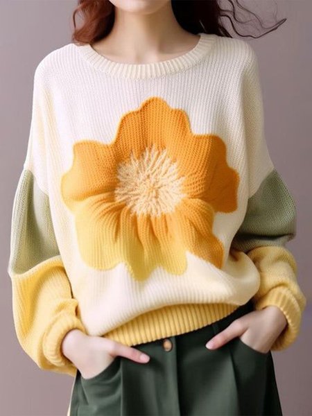 

Floral Crew Neck Loosen Long Sleeves Casual Sweater, Orange, Pullovers