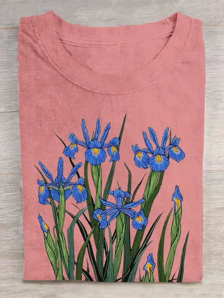 

Cotton Loose Casual Floral T-Shirt, Orange pink, T-shirts