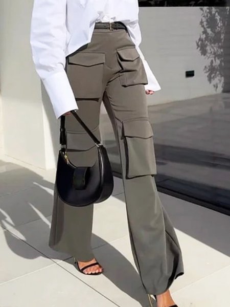 

Plain Regular Fit Casual Fashion Cargo Pocket Pants, As picture, Pants