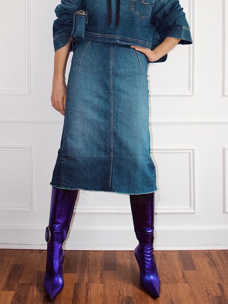 

Urban Pocket Stitching Plain Regular Fit Denim Midi Skirt, Denim blue, Denim Skirts
