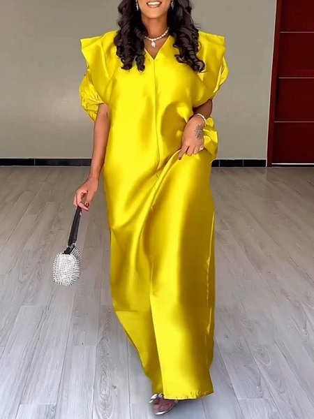 Loose V Neck Elegant Plain Long Dress, Yellow, Maxi Dresses