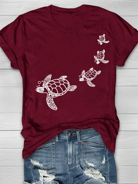 

Casual Loose Cotton Turtle T-Shirt, Wine red, T-shirts