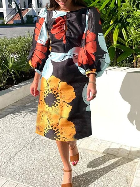 

Balloon Sleeve Regular Fit Floral Elegant Dress, Black, Midi Dresses