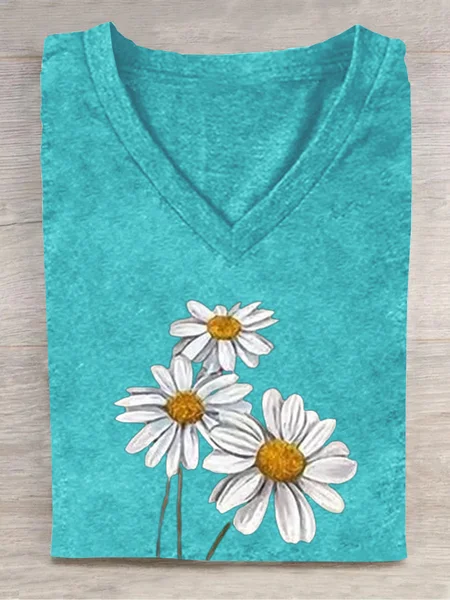 

Loose Casual Small Daisy T-Shirt, Green, T-shirts