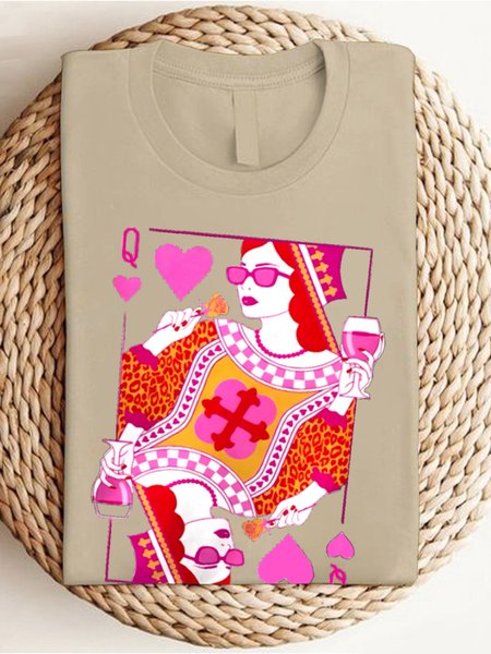 Casual Cartoon Poker Queen Crew Neck Short Sleeve T-shirt, Khaki, T-shirts