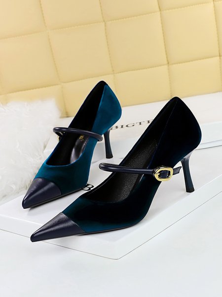 

Elegant Velvet Paneled Adjustable Buckle Mary Jane Pumps, Deep blue, Heels