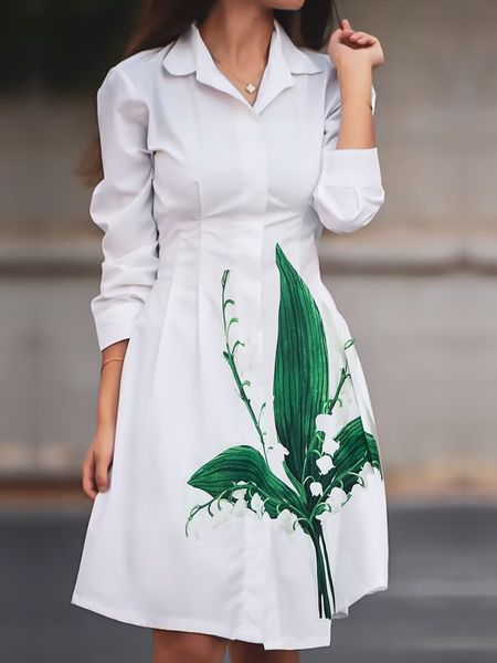 

Shirt Collar Long Sleeve Regular Sleeve Regular Fit Plants Urban Shirt Mini Dress, White, Midi Dresses