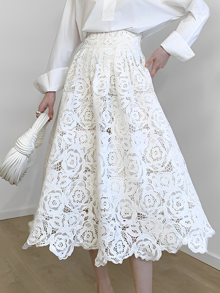 

Loose Lace Plain Urban Maxi Skirt, White, Skirts