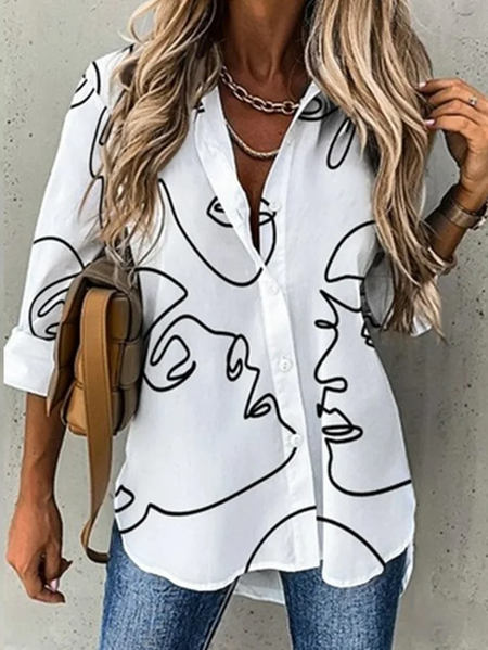 

Long Sleeve Face Regular Micro-Elasticity Loose Shirt For Women, White, Shirts