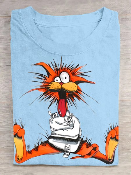 

Cartoon Cotton-Blend Loose Casual T-Shirt, Sky blue, T-shirts