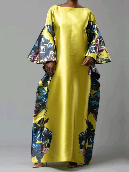 

Bell Sleeve Floral Elegant Loose Long Sleeve Off The Shoulder Party Maxi Dress, Yellow, Maxi Dresses