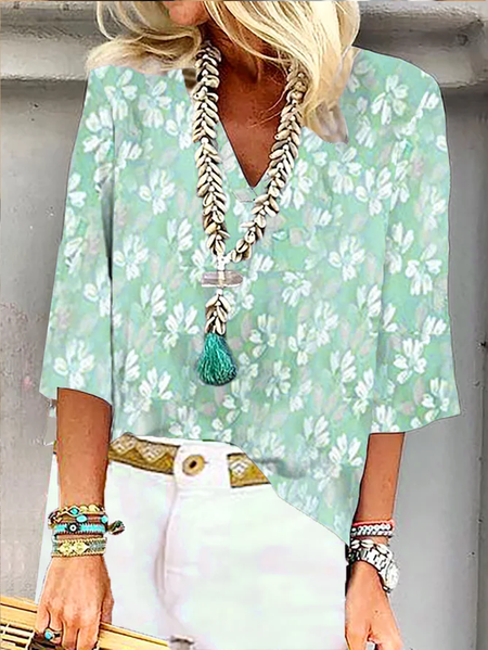 

Loose Casual V Neck Floral Shirt, Green, Blouses & Shirts