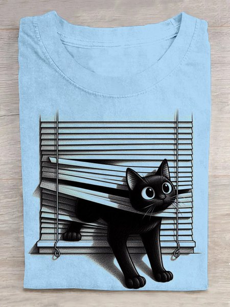

Casual Cat Crew Neck Short Sleeve T-shirt, Light blue, T-shirts