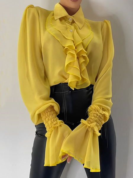 

Plain Elegant Loose Shirt Collar Long Sleeve Ruffle Sleeve Shirt, Yellow, Blouses and Shirts