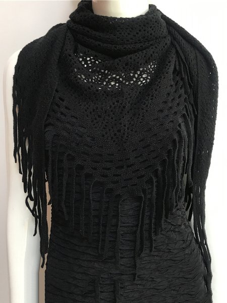 

Versatile Hollow Out Fringed Triangle Scarf, Black, Scarves