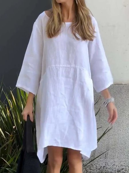 

Loose Casual Cotton And Linen Plain Sweashirt Dress, White, Midi Dresses