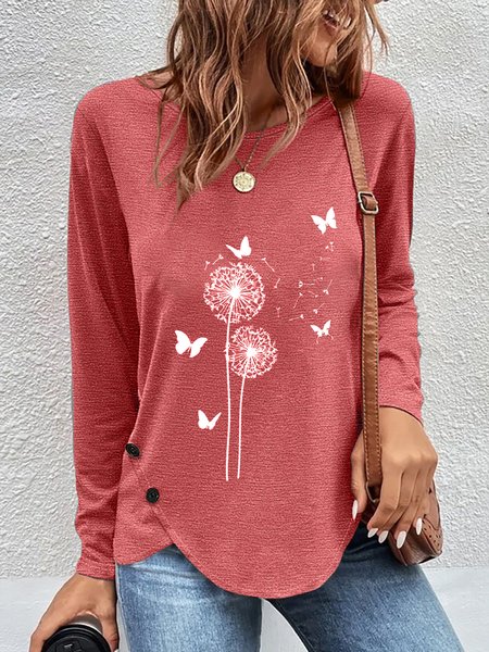 

Casual Dandelion Crew Neck Long Sleeve T-shirt, Watermelon, Tops